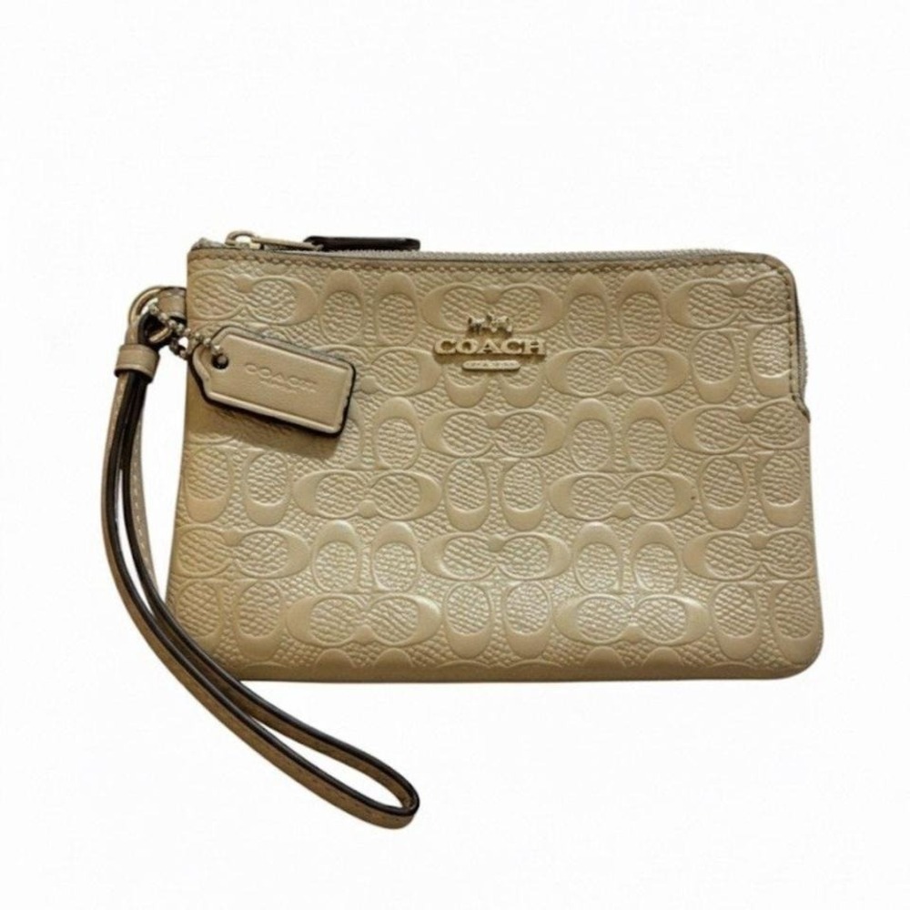 Coach Corner Zip Wristlet Signature Debossed Patent Leather Beige F15155